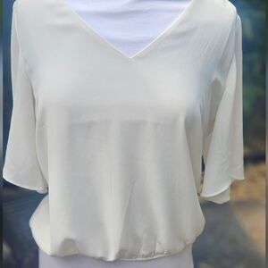 Express Flounce Sleeve Double Strap Back Ivory Blouse Elastic Waist Wmn's Sz M